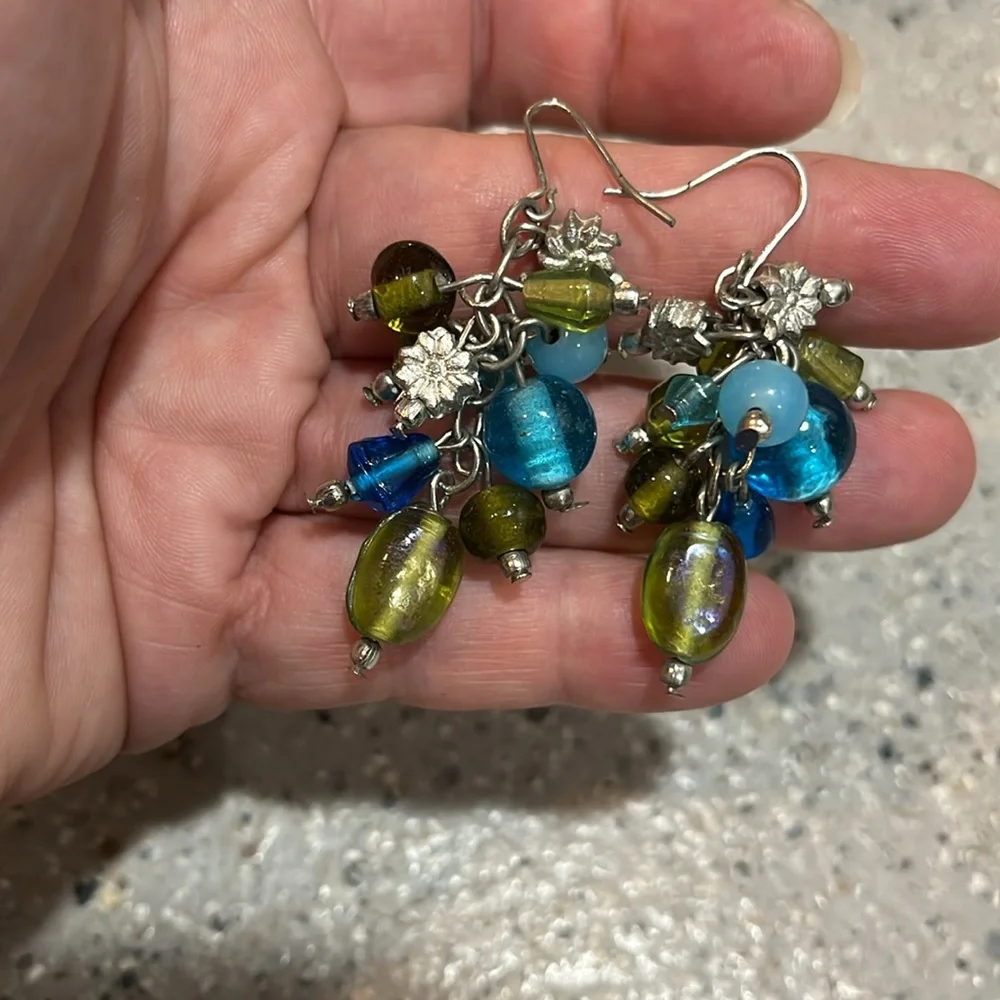 BOHO GLASS BEADED DANGLING STATEMENT EARRINGS BLUE GREEN SILVER TONE